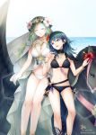  2girls bikini black_bikini blue_eyes blue_hair breasts byleth_(fire_emblem) byleth_(fire_emblem)_(female) cleavage closed_eyes ears eyebrows_visible_through_hair fire_emblem fire_emblem:_three_houses fire_emblem_heroes flower green_hair hair_flower hair_ornament hibiscus highres horse kimita_(kiokunoumi) knife large_breasts looking_at_another medium_breasts multiple_girls navel o-ring o-ring_bikini ocean open_mouth pegasus pointing rhea_(fire_emblem) swimsuit water white_bikini 