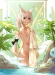  1girl animal_ear_fluff animal_ears bangs blonde_hair covering eyebrows_visible_through_hair green_ribbon groin hair_ribbon hands_up holding holding_towel long_hair looking_at_viewer low-tied_long_hair nude_cover onsen original parted_lips red_eyes ribbon solo standing towel very_long_hair wading wangqi water 