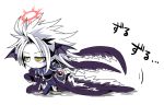 0nodera 1boy armor black_wings chibi darklord_morningstar duel_monster fallen_angel halo multiple_wings pointy_ears shield shoulder_spikes spiked_hair spikes walking white_background white_hair wings yellow_eyes yu-gi-oh! 