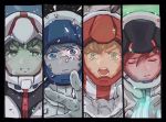  4boys amuro_ray banagher_links blue_eyes blue_hair broken_helmet brown_eyes brown_hair closed_eyes green_eyes gundam gundam_unicorn gundam_zz helmet highres judau_ashta kamille_bidan male_focus mobile_suit_gundam multiple_boys pilot_suit short_hair space_helmet spacesuit tears zeta_gundam 