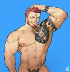  1boy abs alejandro_tio ares_(priapus) arm_up bara bare_chest beard blue_background blue_eyes borrowed_character chest chest_tattoo completely_nude cowboy_shot facial_hair hand_on_head highres itto_(mentaiko) male_focus manly muscle navel nipples nude priapus red_hair short_hair shoulder_tattoo smile solo tattoo 