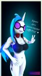  3d_(artwork) 4k 9:16 absurd_res anthro antonsfms blue_hair bra breasts clothing digital_media_(artwork) equid equine eyewear female female/female friendship_is_magic glasses hair hand_on_hip hasbro headphones hi_res horn mammal my_little_pony pose simple_background smile solo source_filmmaker standing text tongue tongue_out underwear unicorn vinyl_scratch_(mlp) 