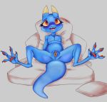  anthro blue_body blush bodily_fluids dripping dripping_pussy drooling female flat_chested genital_fluids genitals hi_res kobold lewderooni lizard nude open_mouth pillow pussy pussy_juice ramerooni reptile saliva scalie simple_background smile solo spread_legs spreading wet 