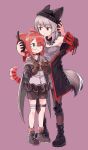  2girls animal_ears arknights beanie behind-the-head_headphones black_headwear boots coat ears_through_headwear fox_ears fox_tail frostleaf_(arknights) glasses green_eyes grey_hair grey_shirt hat headphones jacket multiple_girls myrrh_(fire_emblem) off-shoulder_shirt off_shoulder oripathy_lesion_(arknights) pantyhose pink_hair red_coat red_eyes red_jacket red_sleeves shirt shorts sixten tail 