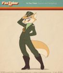  absurd_res anthro boots canid canine clothing english_text eyewear female footwear fox fox-pop gesture glasses hi_res looking_at_viewer lt._fox_vixen mammal military_uniform salute solo squirrel_and_hedgehog text uniform 