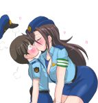  1boy 1girl age_difference artist_request brown_hair child flustered hat heart highres kiss necktie older original police police_uniform policewoman size_difference skirt textless uniform white_background 
