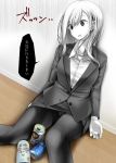  1girl ashita_no_joe beer_can black_legwear can collared_shirt empty_eyes greyscale highres leaning long_sleeves monochrome ol-chan_(oouso) oouso pantyhose pencil_skirt shirt sidelocks sitting skirt solo translation_request 