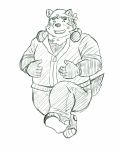  2020 anthro bottomwear canid canine canis clothing domestic_dog headphones_around_neck hi_res humanoid_hands live-a-hero male mammal mokdai overweight overweight_anthro overweight_male pants shirt simple_background sketch solo topwear video_games white_background yaki_atsuage 