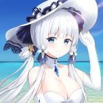  1girl azur_lane blue_eyes blush breasts cleavage collarbone dress elbow_gloves eyebrows_visible_through_hair gloves hand_on_headwear hands_on_headwear hat highres huge_breasts illustrious_(azur_lane) lace-trimmed_headwear lace_trim large_breasts long_hair looking_at_viewer mole mole_under_eye ocean sapphire_(gemstone) smile solo strapless strapless_dress sun_hat tri_tails white_dress white_gloves white_hair white_headwear 