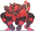  2020 anthro big_bulge big_muscles black_body black_claws black_fur bodily_fluids body_hair bulge chest_hair claws clothing fur green_eyes incineroar male matcharyu muscular muscular_anthro muscular_male nintendo nipples pink_nipples pink_nose pok&eacute;mon pok&eacute;mon_(species) red_body red_fur sitting solo striped_body striped_fur stripes sweat tight_clothing veiny_muscles video_games yellow_sclera 