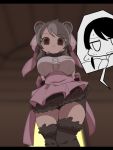  2girls animal_ears arms_behind_back arrow_(symbol) back_bow bangs bear_ears bear_girl bergman&#039;s_bear_(kemono_friends) bike_shorts blurry blurry_background bow bowtie breast_pocket breasts brown_eyes brown_legwear captain_(kemono_friends) center_frills chibi closed_mouth collared_shirt commentary_request empty_eyes expressionless eyebrows_visible_through_hair feet_out_of_frame frills from_below fur-trimmed_legwear fur_trim grey_hair hair_bow highres indoors kemono_friends kemono_friends_3 large_breasts letterboxed long_hair looking_at_viewer looking_down multicolored_hair multiple_girls nervous nervous_smile onaji_(sokudo_seigen) open_mouth pocket shirt shorts shorts_under_skirt skirt smile solo_focus standing sweat sweating_profusely swept_bangs thighhighs two-tone_hair 