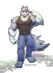  anthro armpit_hair biceps body_hair bottomwear canid canine canis clothing digital_media_(artwork) english_text fur grey_body grey_fur hi_res male mammal muscular muscular_anthro muscular_male simple_background solo text topwear wolf wolfmalro 