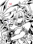  0nodera 1boy 1girl ? armlet bat_wings chibi darklord_ixchel darklord_morningstar duel_monster eyes_visible_through_hair fallen_angel greyscale heart hug monochrome multiple_wings pointy_ears smile spiked_hair wings yu-gi-oh! 