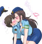  1boy 1girl age_difference artist_request brown_hair child flustered hat heart highres kiss necktie older original police police_uniform policewoman size_difference skirt uniform white_background 