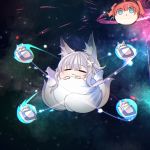  2girls akaoni_(zumt3548) animal_ear_fluff animal_ears azur_lane blue_eyes chibi eyebrows_visible_through_hair fox_ears fox_girl hair_ornament long_hair multiple_girls multiple_tails orbit orbital_ring red_hair san_diego_(azur_lane) shinano_(azur_lane) sleeping tail white_tail 