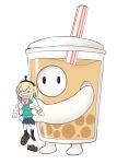  1girl 1other :d amano_pikamee bangs black_hairband blonde_hair blue_legwear blue_skirt brown_footwear bubble_tea chibi collared_shirt commentary_request costume cup disposable_cup dress_shirt drinking_straw emblem english_text fall_guy fall_guys food green_eyes green_sweater hair_between_eyes hairband highres kneehighs lifting_person loafers long_sleeves medium_hair necktie open_mouth owlsoda pleated_skirt red_neckwear school_uniform sharp_teeth shirt shoes short_hair sidelocks simple_background skirt smile solid_circle_eyes solid_oval_eyes striped striped_legwear sweater sweater_vest teeth transparent_background virtual_youtuber voms white_background white_shirt 