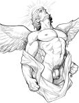  1boy abs absurdres alejandro_tio angel angel_wings bara bare_chest bulge chest cloak cowboy_shot feathered_wings flaccid greyscale halo highres male_focus male_pubic_hair monochrome muscle mythology naked_cloak navel navel_hair nipples nude original pubic_hair short_hair solo thighs uncensored white_background wings 