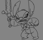  2020 4_fingers alien angry armor artbro black_and_grey clenched_teeth clothed clothing digital_drawing_(artwork) digital_media_(artwork) disney experiment_(lilo_and_stitch) fingers grey_background greyscale head_tuft holding_object holding_sword holding_weapon lilo_and_stitch male melee_weapon monochrome narrowed_eyes notched_ear simple_background sketch solo stitch_(lilo_and_stitch) sword teeth tuft weapon 