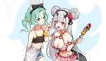  2girls animal_ears armband bare_shoulders bikini blush bow breasts denim denim_shorts dragon_tail epic7 eyebrows_visible_through_hair flower food frilled_armband frilled_bikini frills green_eyes green_hair hair_bow hair_flower hair_ornament halterneck horns large_breasts looking_at_viewer low_ponytail mamyommi midriff mui_(epic7) multiple_girls nail_polish navel open_mouth pointy_ears red_eyes sarong scrunchie shorts sidelocks silver_hair simple_background small_breasts swimsuit swimsuit_skirt tail v victory_pose yufine_(epic7) 