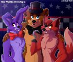  2020 absurd_res anthro black_nose blue_eyes bonnie_(fnaf) bow brown_body brown_fur buckteeth canid canine chest_tuft clothing english_text eye_patch eyewear fangs fingers five_nights_at_freddy&#039;s fluffy fluffy_tail fox foxy_(fnaf) freckles freddy_(fnaf) fur group hair hat head_tuft headgear headwear hi_res hook inner_ear_fluff lagomorph leo-wolf leporid licking licking_lips male mammal purple_body purple_fur purple_hair rabbit red_body red_eyes red_fur red_hair signature smile standing teeth text tongue tongue_out tuft ursid video_games yellow_eyes 