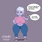  breasts covered_nipples dialogue_box embarrassed erection erection_under_clothes highres huge_breasts huge_nipples league_of_legends md5_mismatch short_hair short_stack showo solo thick_thighs thighs tristana 
