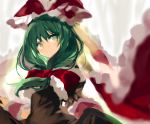  1girl bangs blurry_foreground blush bow brown_dress commentary_request dress eyebrows_visible_through_hair frilled_cuffs frills front_ponytail fuupu green_eyes green_hair hair_bow highres kagiyama_hina lifted_by_self long_hair looking_back parted_lips perspective red_bow simple_background skirt skirt_lift solo touhou upper_body white_background wrist_cuffs 