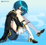 1boy bangs blue_background blue_hair blue_shorts blush boots earrings eyebrows_visible_through_hair frills genshin_impact gradient gradient_background highres jewelry knee_boots leg_hug long_sleeves male_focus ryou@ryou shorts simple_background sitting solo twitter_username white_footwear xingqiu_(genshin_impact) yellow_eyes 
