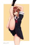  black_legwear black_panties breasts brown_eyes brown_hair hairband highres kantai_collection looking_at_viewer medium_breasts medium_hair open_mouth panties porco1127 school_uniform serafuku shiratsuyu_(kantai_collection) socks split standing standing_on_one_leg standing_split twitter_username underwear 