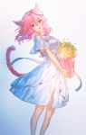  1girl animal_ears blurry carrying cat_ears cat_tail dress final_fantasy final_fantasy_xiv flower hat highres looking_at_viewer looking_to_the_side miqo&#039;te pink_hair simple_background smile solo tail vase vetina white_background white_dress wind 