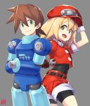  1boy 1girl bike_shorts blonde_hair breasts brown_hair cabbie_hat closed_mouth gloves goemon1110 green_eyes hat highres long_hair looking_at_viewer open_mouth red_shorts rock_volnutt rockman rockman_dash roll_caskett shorts simple_background small_breasts smile 
