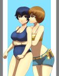  absurdres blue_eyes blue_hair brown_eyes brown_hair commission commissioner_upload highres hug hug_from_behind interlocked_fingers m-a-v-e-r-i-c-k persona persona_4 satonaka_chie shirogane_naoto short_hair shorts swimsuit yuri 