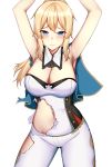  1girl armpits bangs bare_shoulders blonde_hair blue_eyes blush breasts cleavage genshin_impact hair_between_eyes highres jean_gunnhildr kitsune_udon_(ai_br) large_breasts long_hair looking_at_viewer pants ponytail solo spread_armpit standing torn_clothes white_pants 