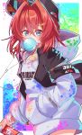  1girl absurdres alternate_costume ange_katrina baseball_cap blue_eyes bubble_blowing can destiny549-2 flat_chest hand_in_pocket hat highres holding holding_can hood hoodie looking_at_viewer nijisanji red_hair short_hair solo spray_can triangle_hair_ornament virtual_youtuber white_hoodie 