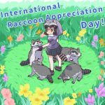  1:1 2020 animal_humanoid arai-san biped clothed clothing detailed_background english_text feral flower fur grey_body grey_fur humanoid kemono_friends mammal mammal_humanoid outside plant procyonid procyonid_humanoid raccoon raccoon_humanoid text umikazenet3 