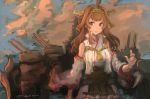  1girl ahoge bangs black_eyes breasts brown_hair cloud detached_sleeves frilled_skirt frills headgear highres japanese_clothes kantai_collection kongou_(kantai_collection) long_hair moor outdoors remodel_(kantai_collection) ribbon-trimmed_sleeves ribbon_trim rigging signature skirt sky solo wide_sleeves 