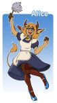  2020 3_fingers alice_(moomaid) anthro apron blonde_hair bovid bovine cattle clothing dress feather_duster female fingers hair holding_object horn kdhynamo legwear mammal on_one_leg open_mouth pantyhose simple_background smile solo standing 