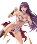  1girl bangs bare_shoulders belt bikini blue_eyes blush breasts cape cleavage clenched_hands clenched_teeth clothing_cutout collarbone den_(kur0_yuki) earrings fate/grand_order fate_(series) holy_maiden&#039;s_teaching jewelry knee_up large_breasts long_hair looking_at_viewer navel navel_cutout open_mouth purple_hair red_cape saint_martha simple_background star_(symbol) swimsuit teeth thigh_strap thighs waist_cape white_background white_bikini wristband 