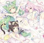  3girls ahoge akashi_(azur_lane) animal_ear_fluff animal_ears armpits arms_up ass azur_lane blue_camisole bow bow_panties breasts brown_hair camisole candy cat_ears cat_tail chin_rest commentary_request cropped food garter_belt garter_straps green_eyes green_hair hair_bow kisaragi_(azur_lane) lollipop long_hair looking_at_viewer low_twintails lying multiple_girls mutsuki_(azur_lane) navel on_back on_stomach open_mouth outstretched_arms panties pillow pillow_hug pink_eyes pink_hair ribbon short_hair short_twintails side-tie_panties small_breasts smile tail tail_ribbon thigh_gap thighhighs thighs twintails underwear underwear_only very_long_hair wasabi_(sekai) white_camisole white_legwear white_panties yellow_camisole 
