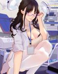  1girl absurdres bangs black_bra bra breasts cleavage coat glasses highres hotumoyi id_card indoors labcoat laboratory lanyard large_breasts long_hair open_clothes open_coat original pantyhose purple_eyes ribbed_shirt shirt sleeves_rolled_up smile squatting underwear white_legwear 