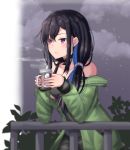  1girl arairev bangs black_hair blue_hair braid collarbone cowboy_shot cup elbow_rest eyebrows_visible_through_hair green_jacket highres holding holding_cup ichinose_uruha jacket long_hair looking_afar lupinus_virtual_games mug multicolored_hair night outdoors parted_lips purple_eyes railing scrunchie solo strap_slip two-tone_hair virtual_youtuber 