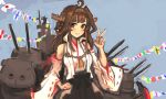  1girl absurdres ahoge bangs blue_background breasts brown_hair detached_sleeves eyebrows_visible_through_hair flag hand_on_hip headgear highres japanese_clothes kantai_collection kongou_(kantai_collection) long_hair long_sleeves moor nontraditional_miko pleated_skirt remodel_(kantai_collection) ribbon-trimmed_sleeves ribbon_trim rigging simple_background skirt smile solo upper_body v wide_sleeves 
