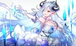  1girl blue_hair breasts brown_eyes cleavage detached_sleeves draph gloves granblue_fantasy hair_ornament horns ice_crystal izmir large_breasts long_hair pointy_ears snowflake_hair_ornament suzuame329 white_gloves 