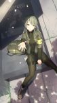  1girl bangs blush boots eyebrows_visible_through_hair girls_frontline gloves green_eyes grey_hair hair_between_eyes highres jacket long_hair looking_at_viewer open_mouth ribbon solo ump40_(girls_frontline) wo_you_yibei_jia_wanli 