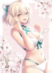  1girl absurdres adjusting_hair ahoge aqua_bow bangs bare_arms bare_shoulders bikini blonde_hair blush border bow breasts cherry_blossoms choker cleavage collarbone commentary_request cowboy_shot eyebrows_visible_through_hair fate/grand_order fate_(series) flower front-tie_bikini front-tie_top green_bow grey_eyes half_updo halter_top halterneck hand_in_hair hands_up highres large_breasts looking_at_viewer medium_breasts multi-strapped_bikini navel okita_souji_(fate)_(all) okita_souji_(swimsuit_assassin)_(fate) open_mouth petals pink_background short_hair signature smile solo stomach suzuki_nene swimsuit white_bikini white_border white_flower 