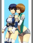  absurdres blue_eyes blue_hair brown_eyes brown_hair commission commissioner_upload high-cut_armor highres hug hug_from_behind interlocked_fingers m-a-v-e-r-i-c-k persona persona_4 satonaka_chie shirogane_naoto short_hair shorts yuri 