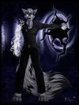  3:4 anthro ariveil black_body black_fur black_hair canid canine canis claws clothed clothing detailed_background fur hair hi_res magic male mammal multicolored_body multicolored_fur multicolored_hair solo two_tone_body two_tone_fur two_tone_hair white_body white_fur white_hair wolf 