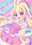  1girl :d aikatsu!_(series) aikatsu_planet! bangs blonde_hair blush collarbone commentary diamond_(symbol) dress eyebrows_visible_through_hair foreshortening green_hair hair_between_eyes hana_(aikatsu_planet!) high_ponytail highlights highres idol kaoryu-kun long_hair looking_at_viewer makeup multicolored_hair nail_polish open_mouth otoha_mao outside_border pink_eyes pink_hair pink_nails puffy_short_sleeves puffy_sleeves reaching_out short_sleeves smile solo streaked_hair upper_body upper_teeth very_long_hair wrist_cuffs 