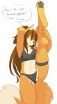  4_toes 5_fingers anthro breasts canid canine claws clothed clothing english_text feet female fera_lycablood fingers fox fur green_eyes hi_res lunarez mammal midriff navel orange_body orange_fur pawpads simple_background solo text toe_claws toes white_background 