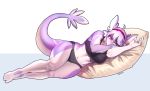  accessory anthro aquatic_dragon aruri big_breasts breasts clothing dragon female hair hair_accessory hairband hi_res lying marine multicolored_body non-mammal_breasts on_side pgm300 purple_body purple_eyes purple_hair solo swimwear two_tone_body wide_hips 