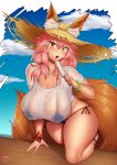  1girl animal_ear_fluff animal_ears bare_legs bikini bikini_under_clothes blue_bikini breasts coffeeslice fate/grand_order fate_(series) food fox_ears fox_tail hat highres holding holding_food huge_breasts long_hair looking_at_viewer pink_hair popsicle see-through shirt short_sleeves side-tie_bikini solo straw_hat swimsuit tail tamamo_(fate)_(all) tamamo_no_mae_(fate) tamamo_no_mae_(swimsuit_lancer)_(fate) thick_thighs thighs wet wet_clothes wet_shirt yellow_eyes 